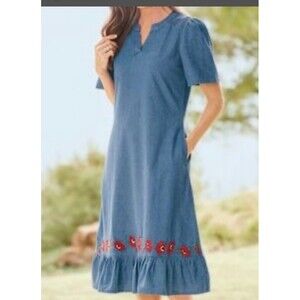 Denim Dress Embroidered Floral Dress with Pockets Size Petite Large Grandma Core